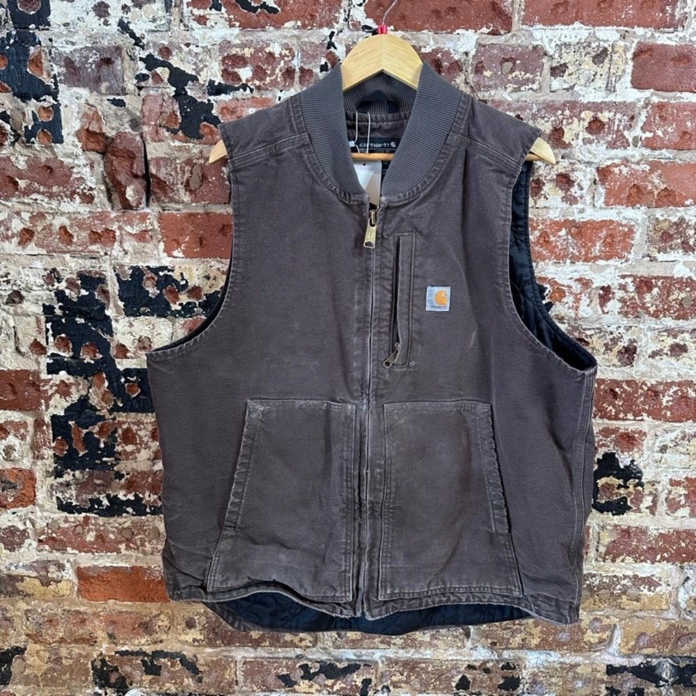 Carhartt Dark Brown Washed Duck Canvas Full Zip Lined Vest Men's Large